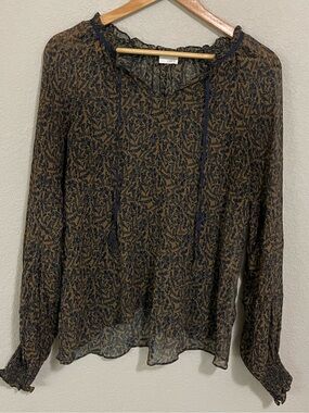 ecru Sheer Long-Sleeve Tie-Neck Blouse - Brown/Navy Cottagecore peasant boho